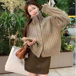 Thicken Winter Clothes Turtleneck Short Jacket Vintage Khaki Bull Horn Button Sweater Coats Korean Fashion Women Loose Cardigans