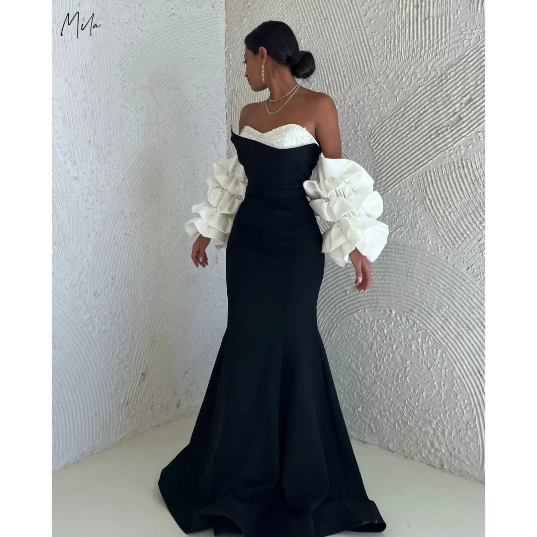

Mila Черно-белое кружевное платье с открытыми плечами и пышными рукавами, платья для выпускного вечера по индивидуальному заказу, макси-юбка-русалка, торжественный вечер 2025
