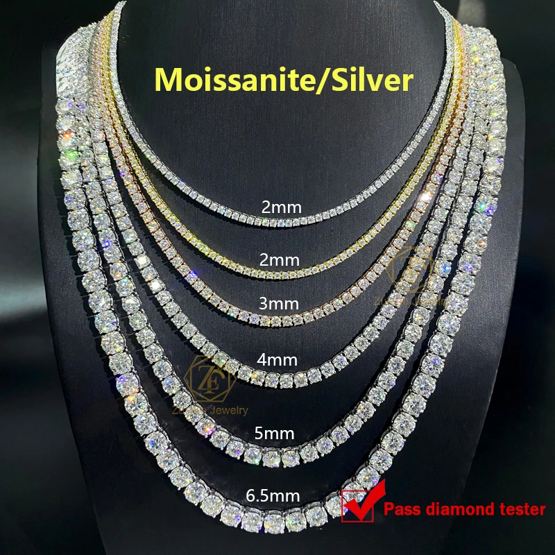 

Cheap H ip Hop Iced Out D Color White VVS 925 Sterling Silver 2MM 3MM 4MM 5MM 6.5MM Moissanite Diamond Men Tennis Chain Necklace