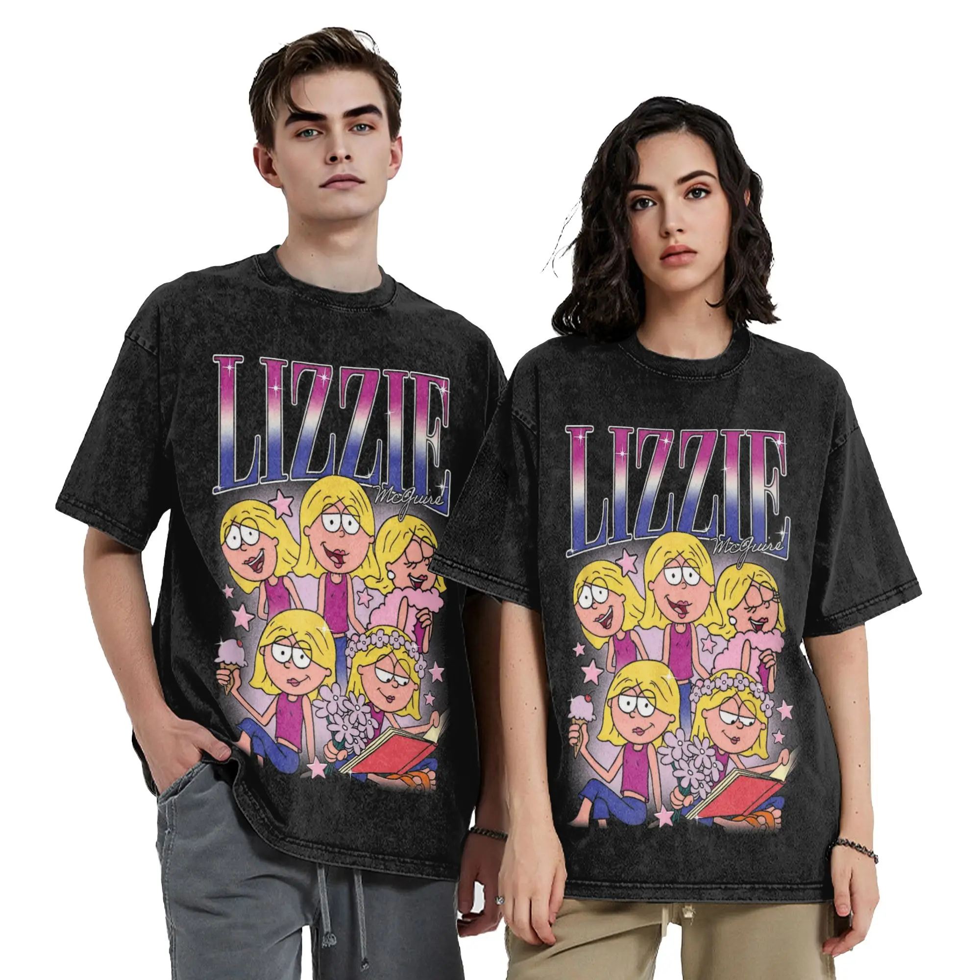 Lizzies McGuires Washed T Shirts Streetwear Hip Hop Vintage T-Shirt  Tees Tops Men Women Short Sleeve Harajuku Summer