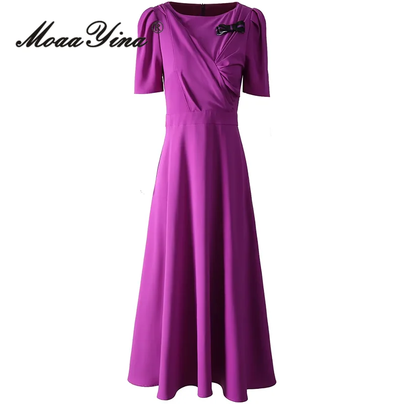 

MoaaYina Summer Fashion Designer High Quality Women Dresses Vintage Solid Color Bow Ruched Temperament Flutter Dresses