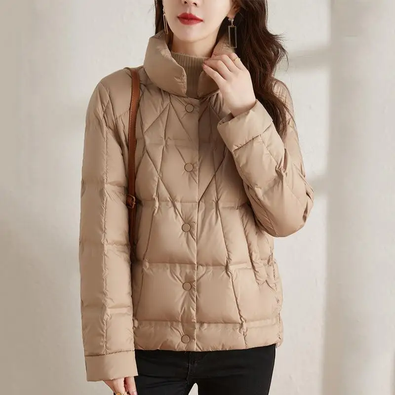 2023 New Women 90% White Duck Down Fashion DIAMOND CHECK Jackets Female Ultralight Thin Slim Korean Office Lady Down Coat