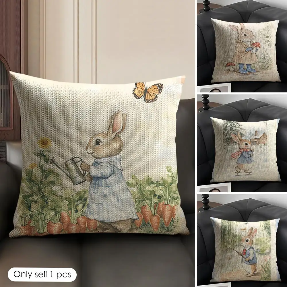 Bohemian Blue Plaid Rabbit Cushion Cover Natural Linen Organic Fabric Double-Sided Printing Breathable Perfect Gift for Decor