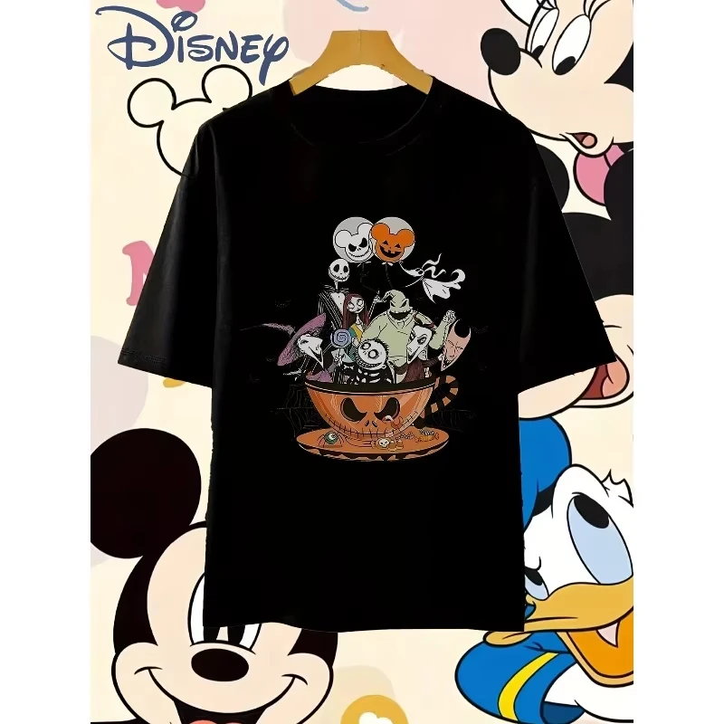 

MINISO Disney новая футболка с принтом «Кошмар перед Рождеством» на Хэллоуин, женский тренд больших размеров, свободный повседневный топ с короткими рукавами