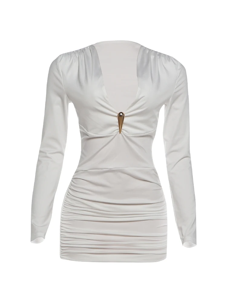 Weird Puss Elegantes Mini-Kleid mit Raffungen für Damen, Herbst-Trend, Metallverzierung, tiefer Ausschnitt, lange Ärmel, Abend-, Ball- und Party-Stil, figurbetont – Detail 2