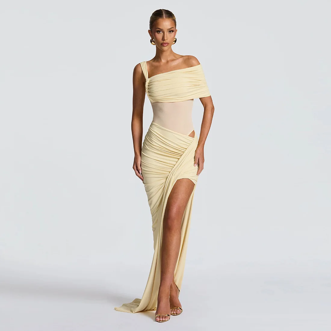 

One Shoulder Pleated Women's Evening Dress High Split Hollow Bandage Gown Yellow Green Slim Party Skirt New Arrival In Stock