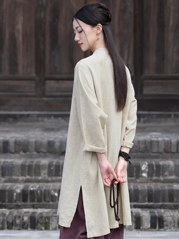 2024 New Chinese Style Retro Cotton and Linen Tops China Traditional Clothing Women Mid-length Shirt Vintage Solid Color