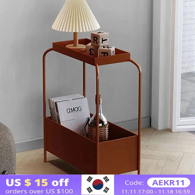 

INS Iron Coffee Table 2 Layer Storage Shelf Sofa Side Cabinet Nordic Corner Table Sofa Corner End Table Desk for Balcony