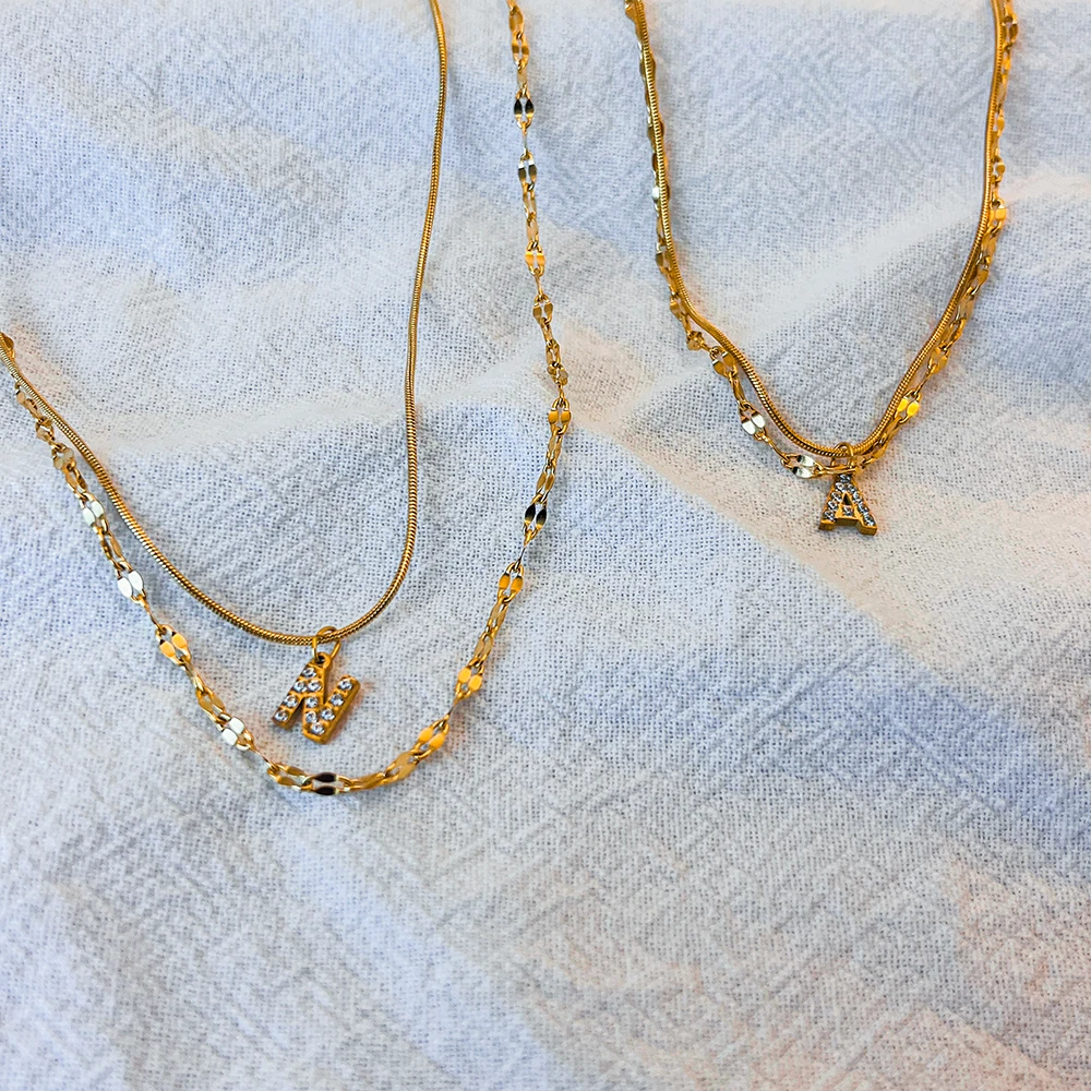 eManco مزدوجة الفولاذ المقاوم للصدأ جولة ثعبان سلسلة قلادة ضوء فاخر زركونيا الأبجدية قلادة A-Z الأزياء والمجوهرات بالجملة #6