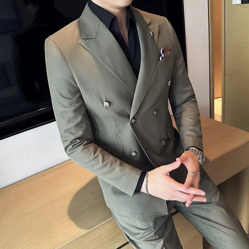 New Men's Suit Two-piece Business Commuter Blue Double-breasted Slim-fitting Business Casual Suit Clothes