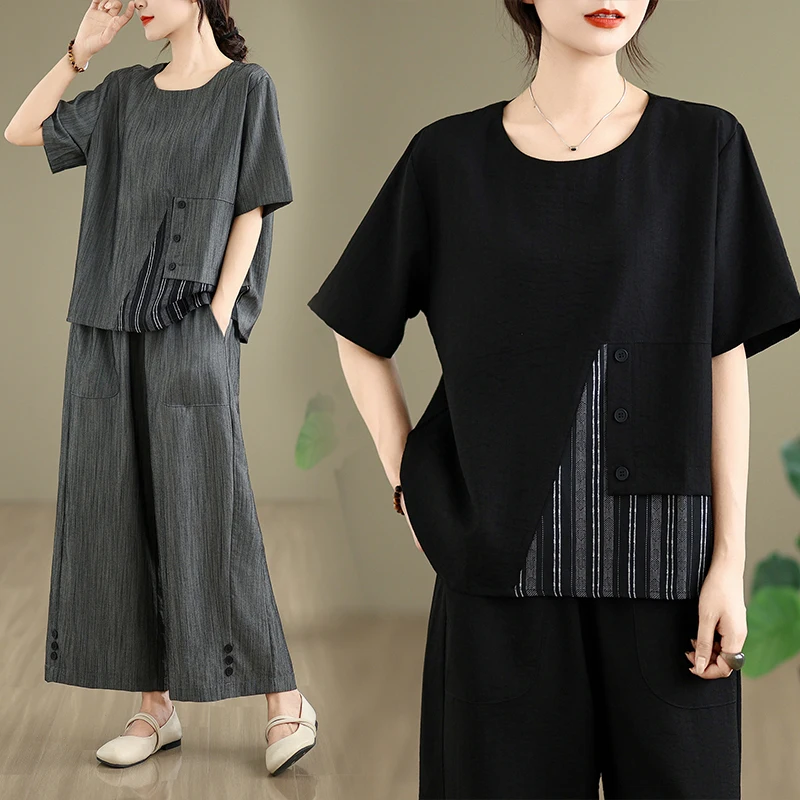 

Комплект из двух предметов: женская повседневная футболка в полоску больших размеров и брюки с широкими штанинами, с коротким рукавом, скрывающие недостатки фигуры, весна-лето, новинка