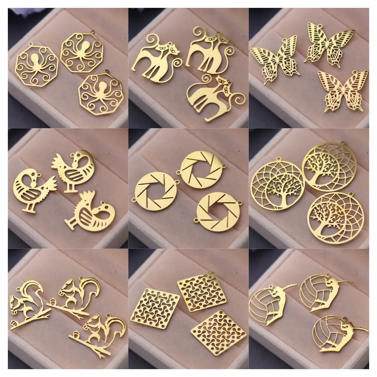 3pcs DIY Charm Cat Butterfly Squirrel Octopus The Tree of Life Stainless Steel Pendant Fit Earring Bracelets Jewelry Making Bulk