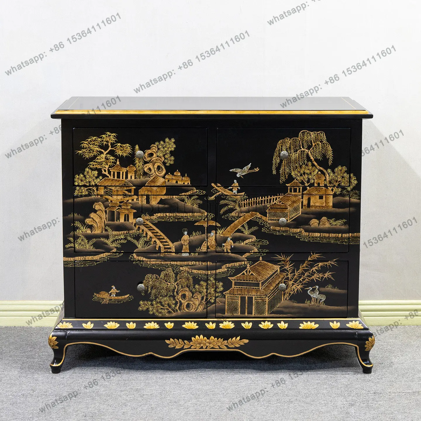 XX new Chinese style, hand-painted landscape pavilion entrance cabinet, villa retro storage side cabinet