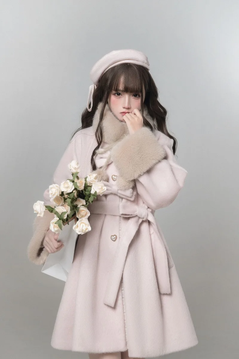2025 Winter Autumn Original Japanese Style Elegant Cape Coat Pink Mass-Produced Lolita Long-sleeves Single-breasted Jacket Women