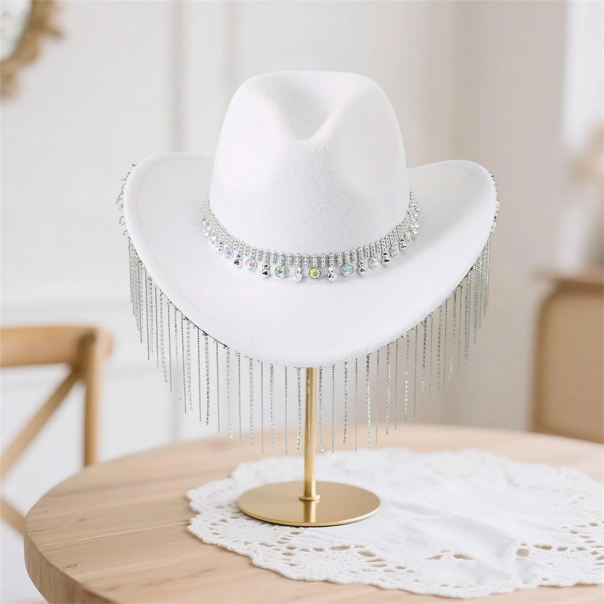 

Stylish Women s Wide Brim Cowgirl Hat with Rhinestone Embellishments and Tassel Detail Elegant Wool Hat for Parties and Jazz