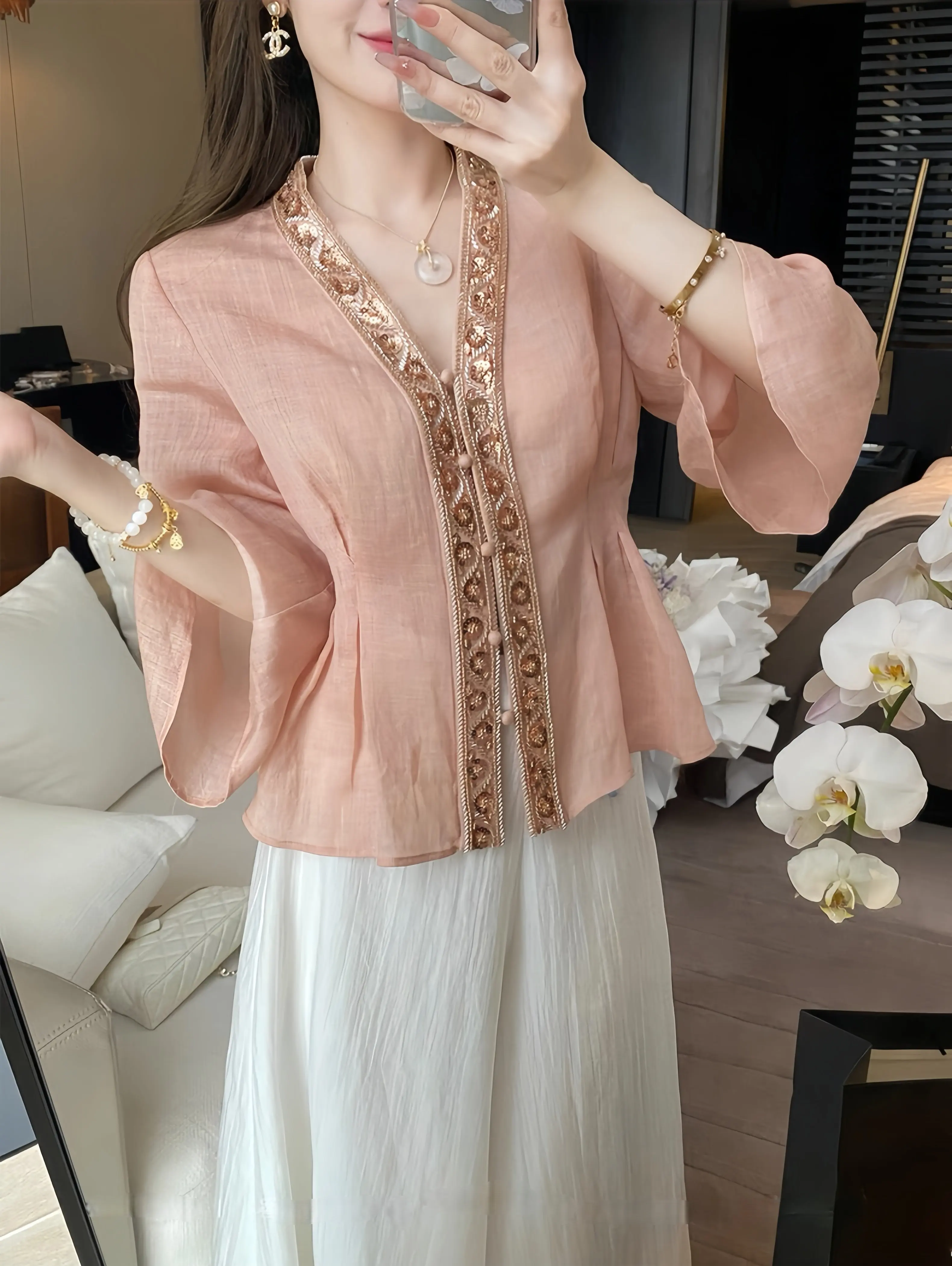 New Chinese Style Women Blouse V‑Neck Embroidery Flare Sleeve Linen Shirt Elegant Casual Summer Y2K Vintage Lady Daily Wear Tops
