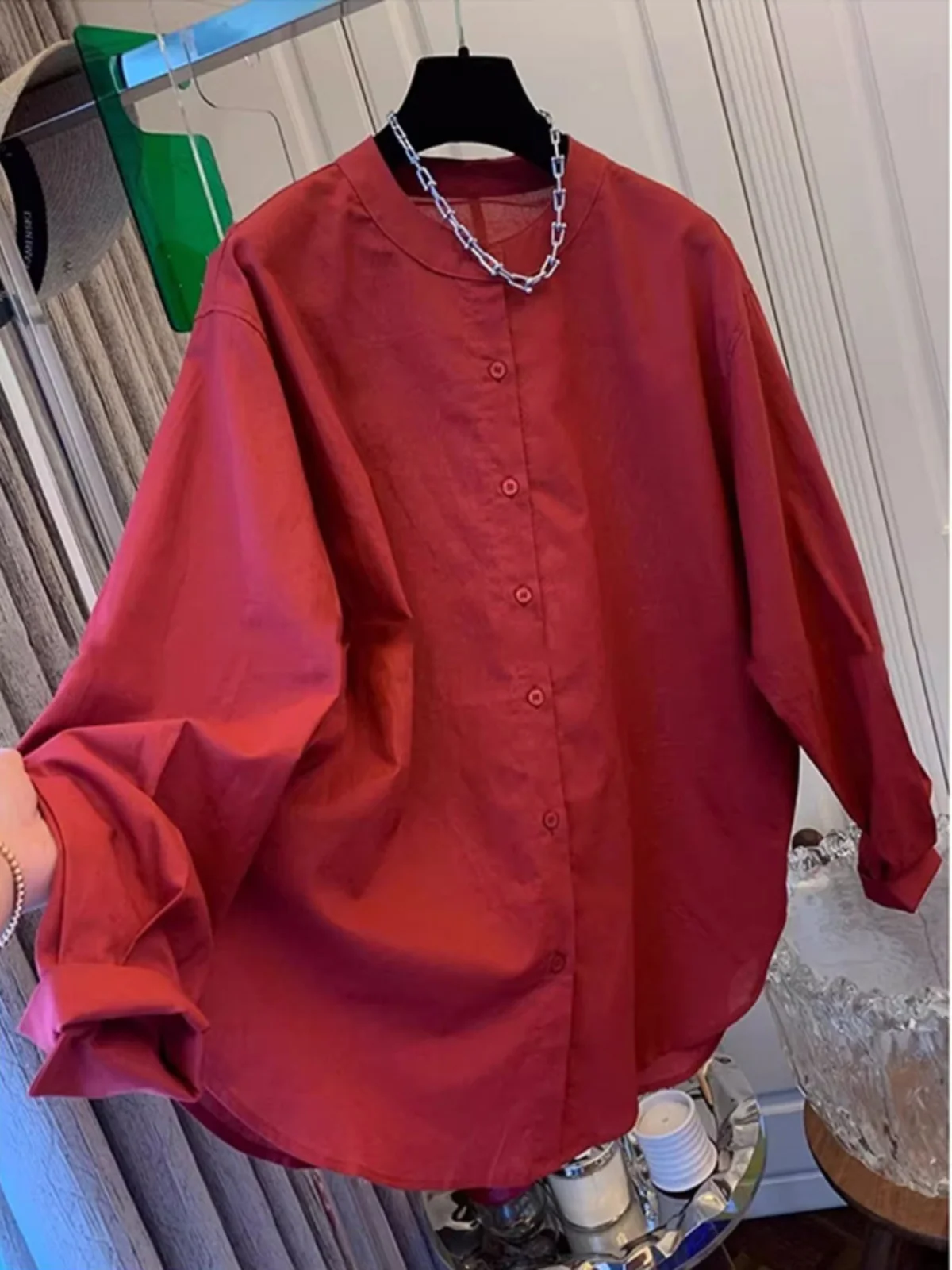 Ele Cotton Linen Long Sve irt Women's Spring Autumn Simple Versatile Loose Slimming Mid-Length Linen Jaet Top