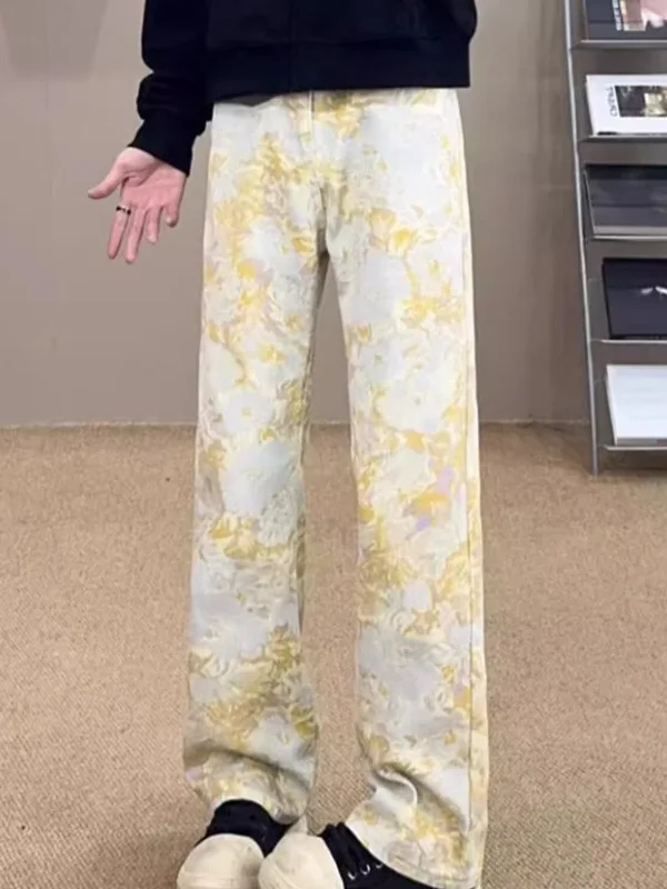

Мужские джинсы в стиле ретро с желтым принтом тай-дай, прямые длинные брюки с принтом High Street, повседневные дышащие джинсы свободного покроя