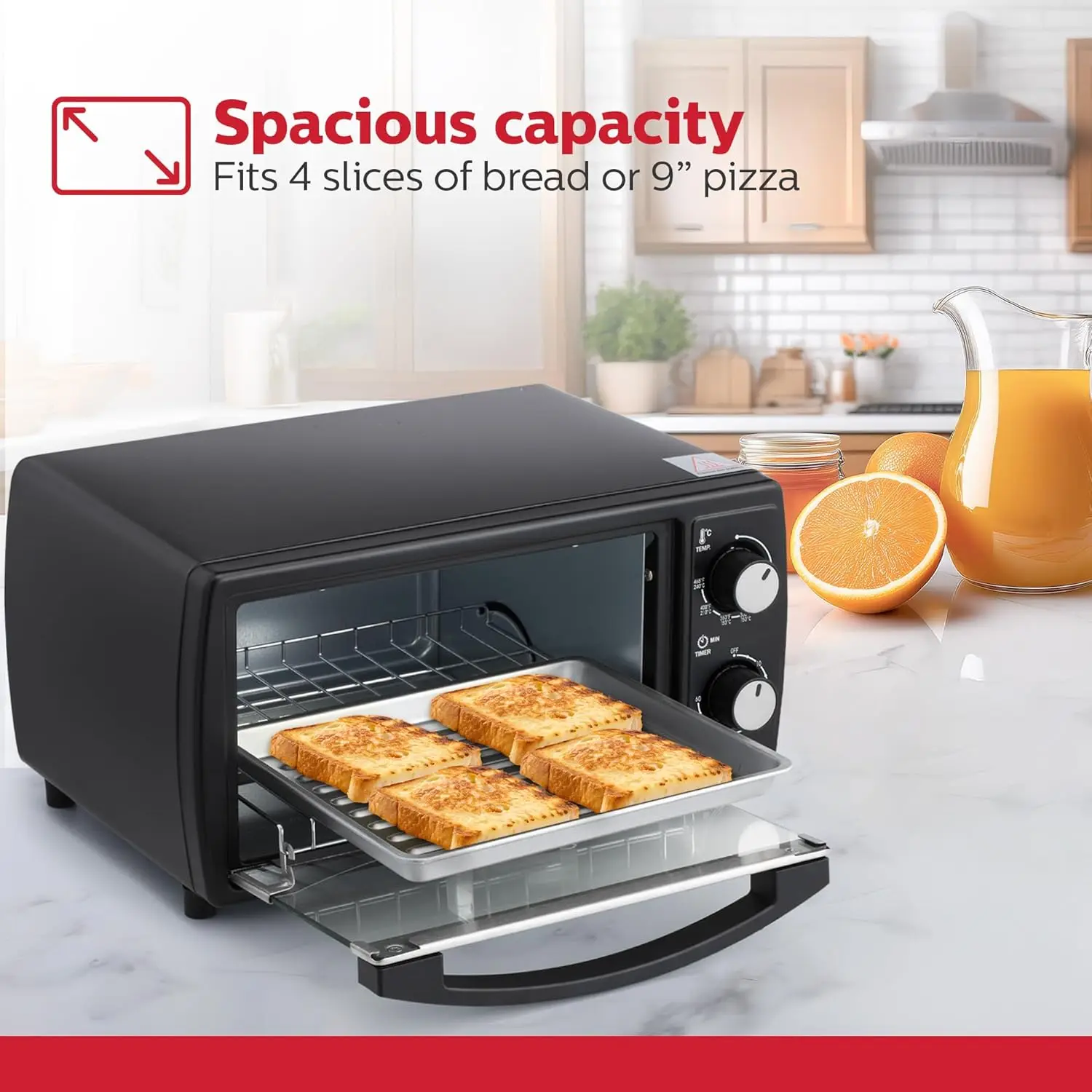 Compact 4-Slice Countertop Toaster Oven with 60-Minute Timer, Includes Baking Pan and Wire Rack, Ideal for Toasting, Broiling, a