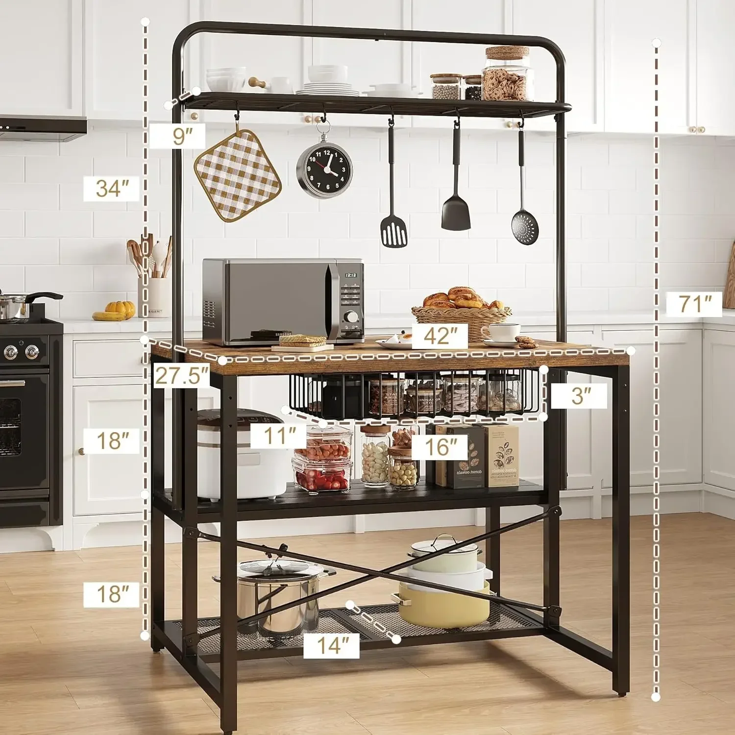Vintage 42 Inch Large Kitchen Island Table Baker Rack Storage 3 Tier Shelf Microwave Stand Oven Rack Metal Coffee Bar Table Kitc