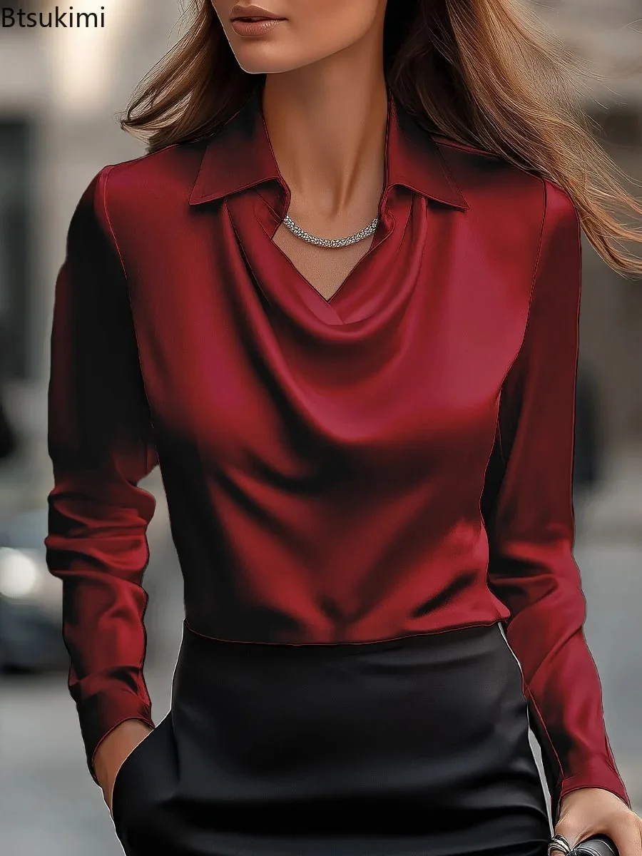 Nowe Eleganckie Damskie Satynowe Koszule Bluzki z Nadrukiem Dekolt V Rozkloszowany Długi Rękaw Jednolity Kolor Luźna Koszula Casual Top Biurowy Damski