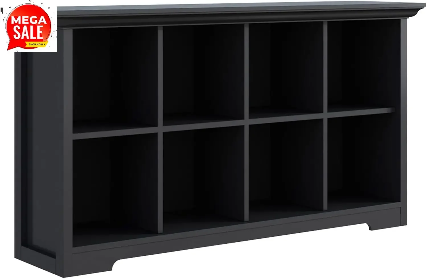 8-Cube Open Bookcase with Base, 2-Tier Low Cabinet, Black | Curved Base, Crown Molding, Fits 11×11