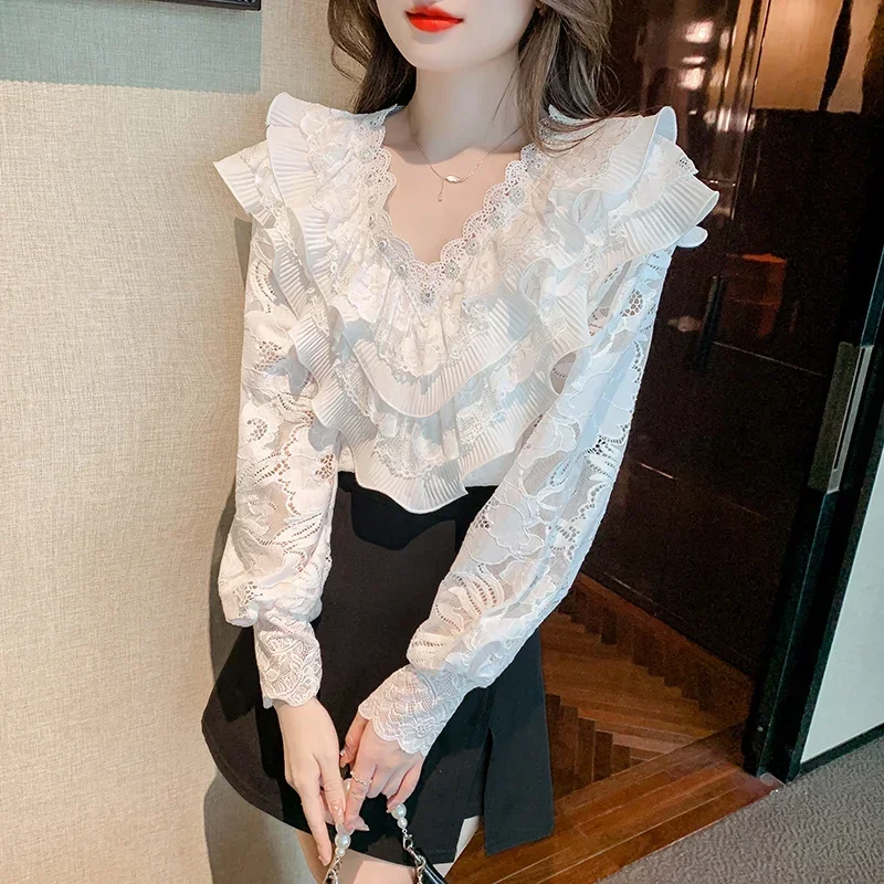 2023 Layered Ruffled Long Sleeve White Lace Blouse Women V-neck Elegant Pleated Shirt Ladies New Hollow Crochet Loose Tops 29819