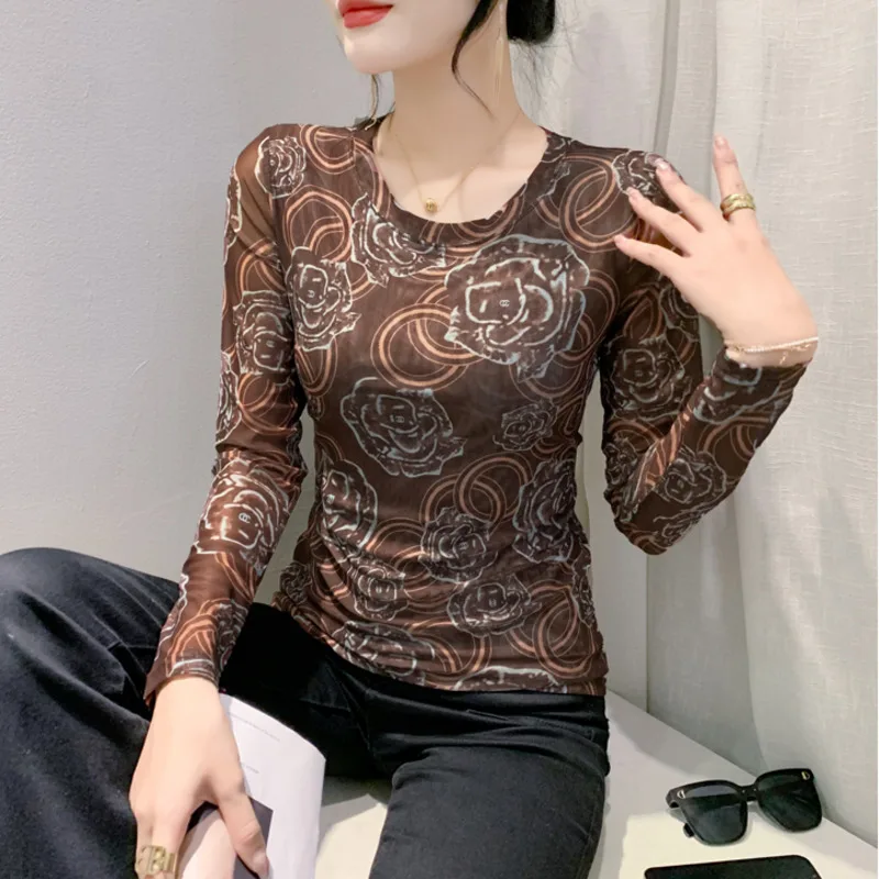 #8865 Spring Vintage Mesh Long Sleeve T Shirt Women Round Neck Skinny T-shirt Female Flower Printed Streetwear Tshirt Slim Fit