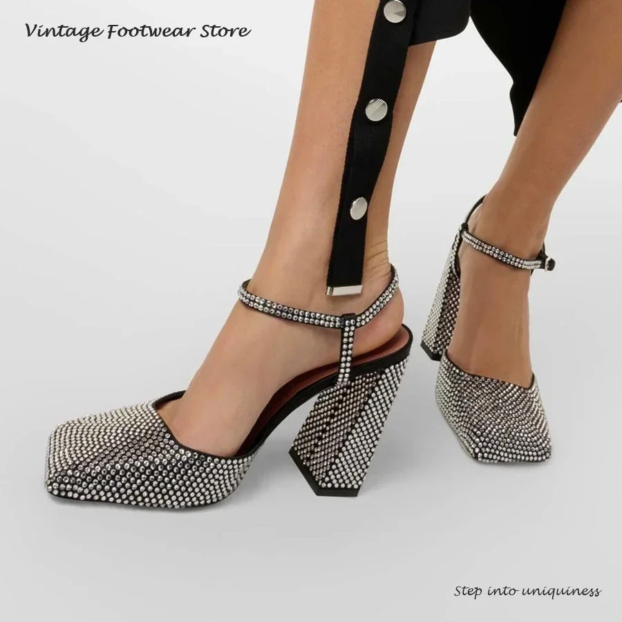 Vintage Crystal Embellished Pumps Summer Square Toe Chunky Heeled Shoes Fashion Women's Buckle Strap Party Dress Modern Sandals