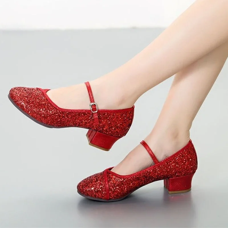 Chaussures de danse latine professionnelles à paillettes pour femmes, talons bas, Parker fermé, salsa, tango, salle de Rh, chaussures de danse standard