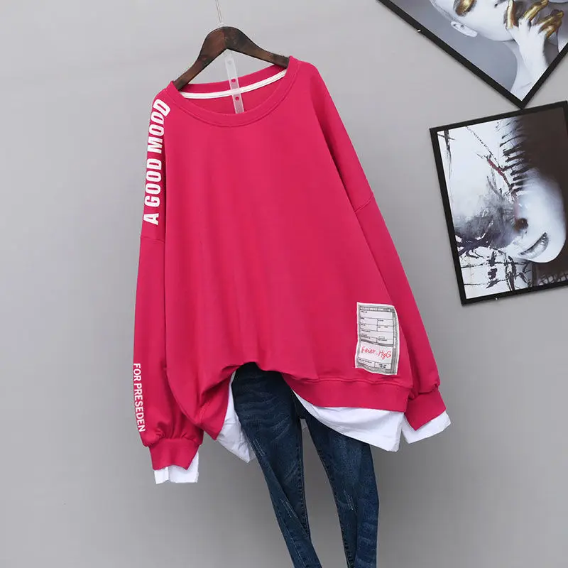 Spring and Autumn Women\'s Pullover Round Neck Letter Splice Fake Two Pieces Medium Length Loose Fashion Casual Long Sleeve Top