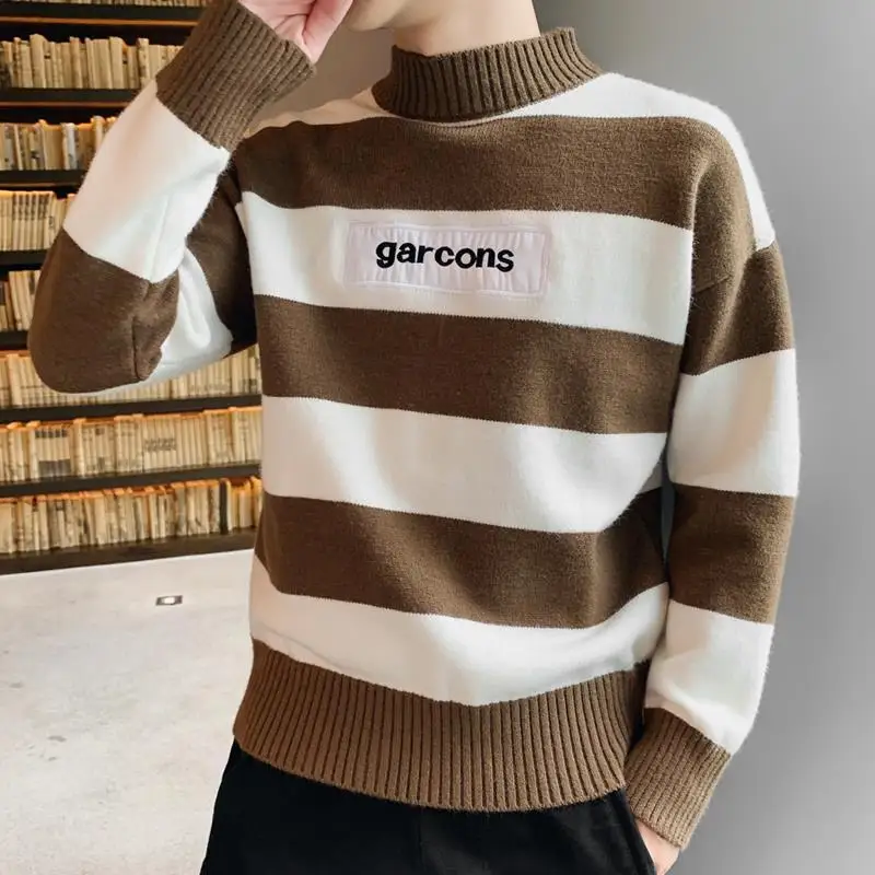 

Fashion Striped Knitting Spliced Korean Sweater Men's Clothing 2022 Autumn NeW Casual Pullovers Long Sleeve All-match Warm Tops