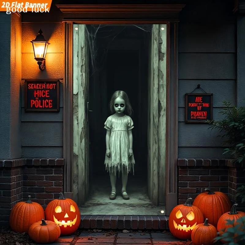 Answer1 PCS 2D Flat Banner Suitable For Halloween, Featuring A Large Ghost Girl Door Decoration