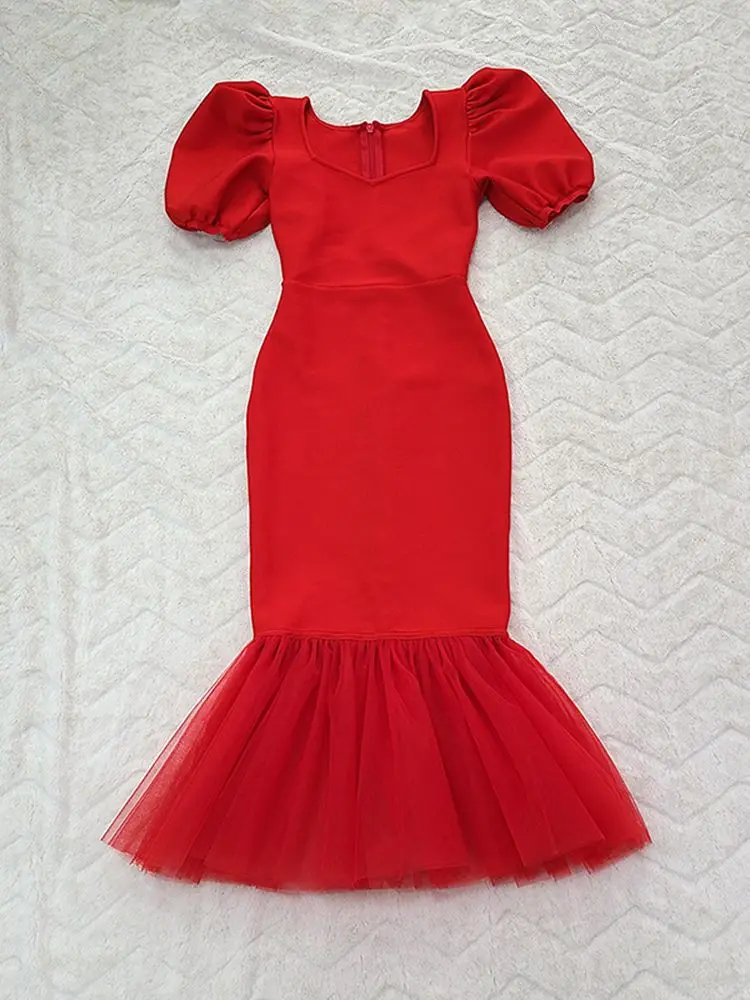 Robe de soirée à manches bouffantes pour femmes, tenue de soirée rouge, Sexy, moulante, col en V, mi-longue, style sirène, élégante, été, 2023