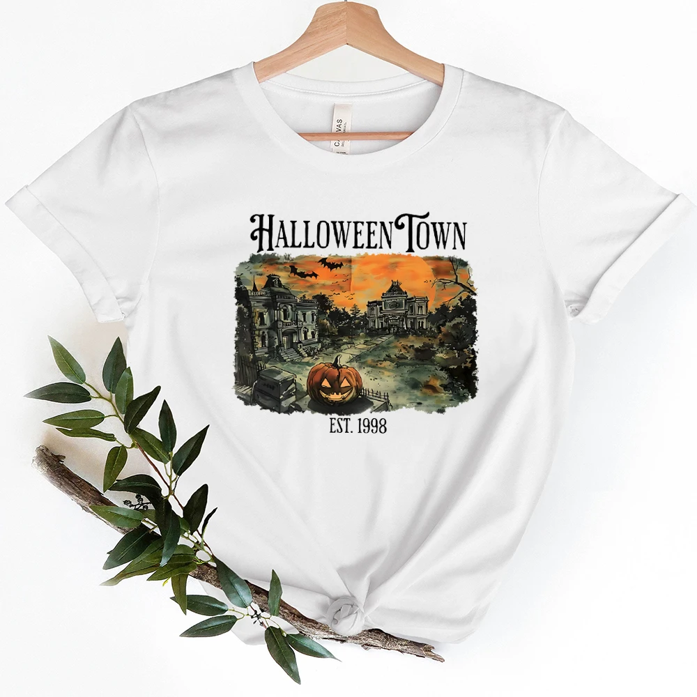 Halloweentown Fall Tee Shirt Halloween Pumpkin Crewneck T-Shirt Women's Tees Spooky Season Vintage Halloween Tops Women Clothing