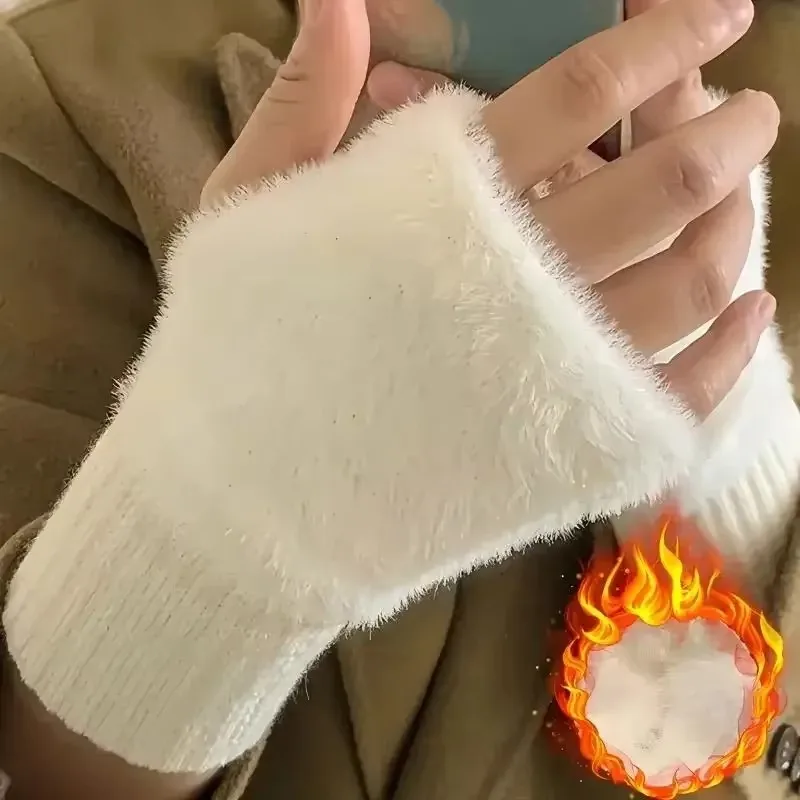 Women's Winter Faux Lambswool Fingerless Gloves - Half-finger mittens with plush wrist and elastic cuff, compatible with smartphone touchscreens, suitable for skiing and typing - Warm white/black gloves (not in bulk)