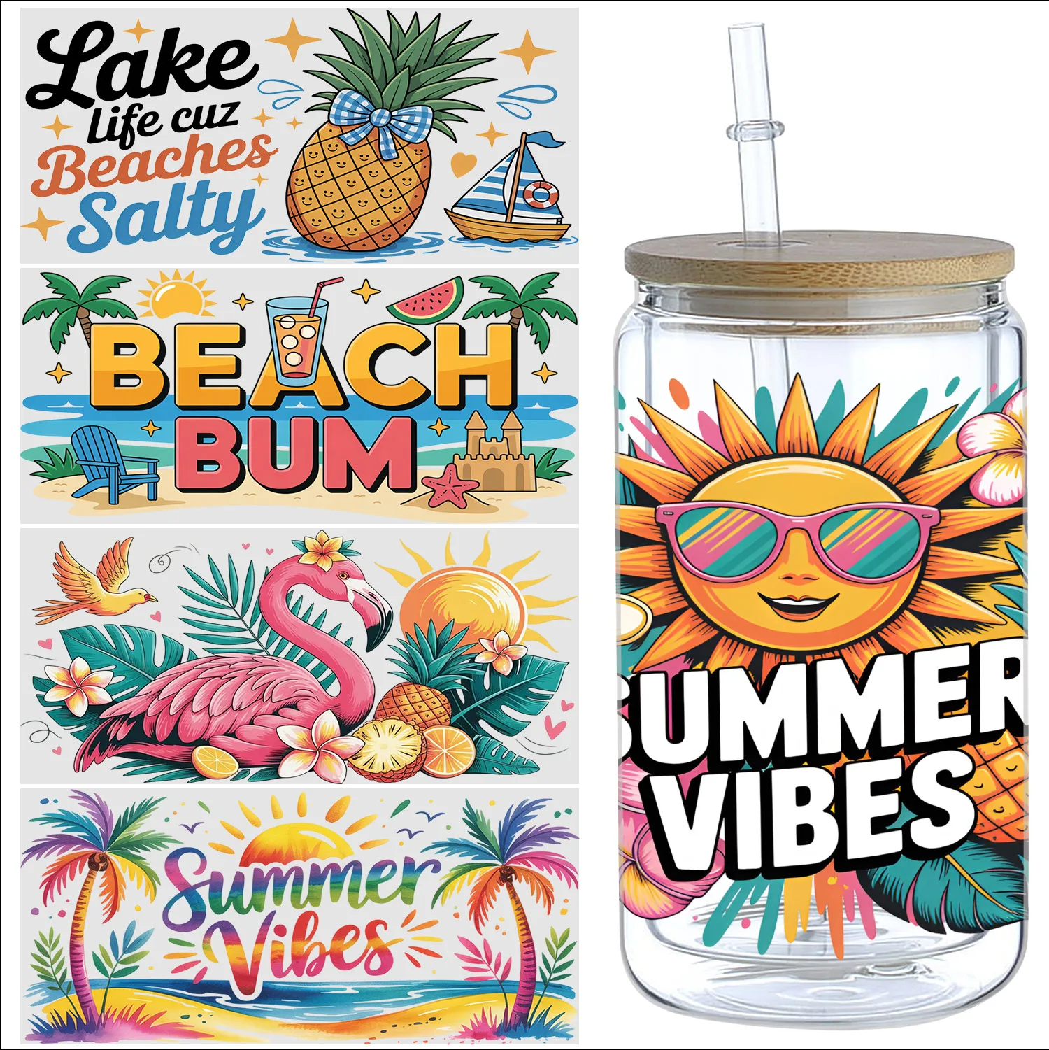 

5pcs cartoon pattern UV DTF cup stickers, DTF friction transfer stickers, waterproof transfer stickers for 16oz glass cups