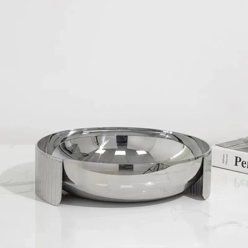 Light  Silver Stainless Steel Round Fruit Tray Upscale Household Silver Fruit Plate Hotel Fruit Tray Wedding Decor Plate