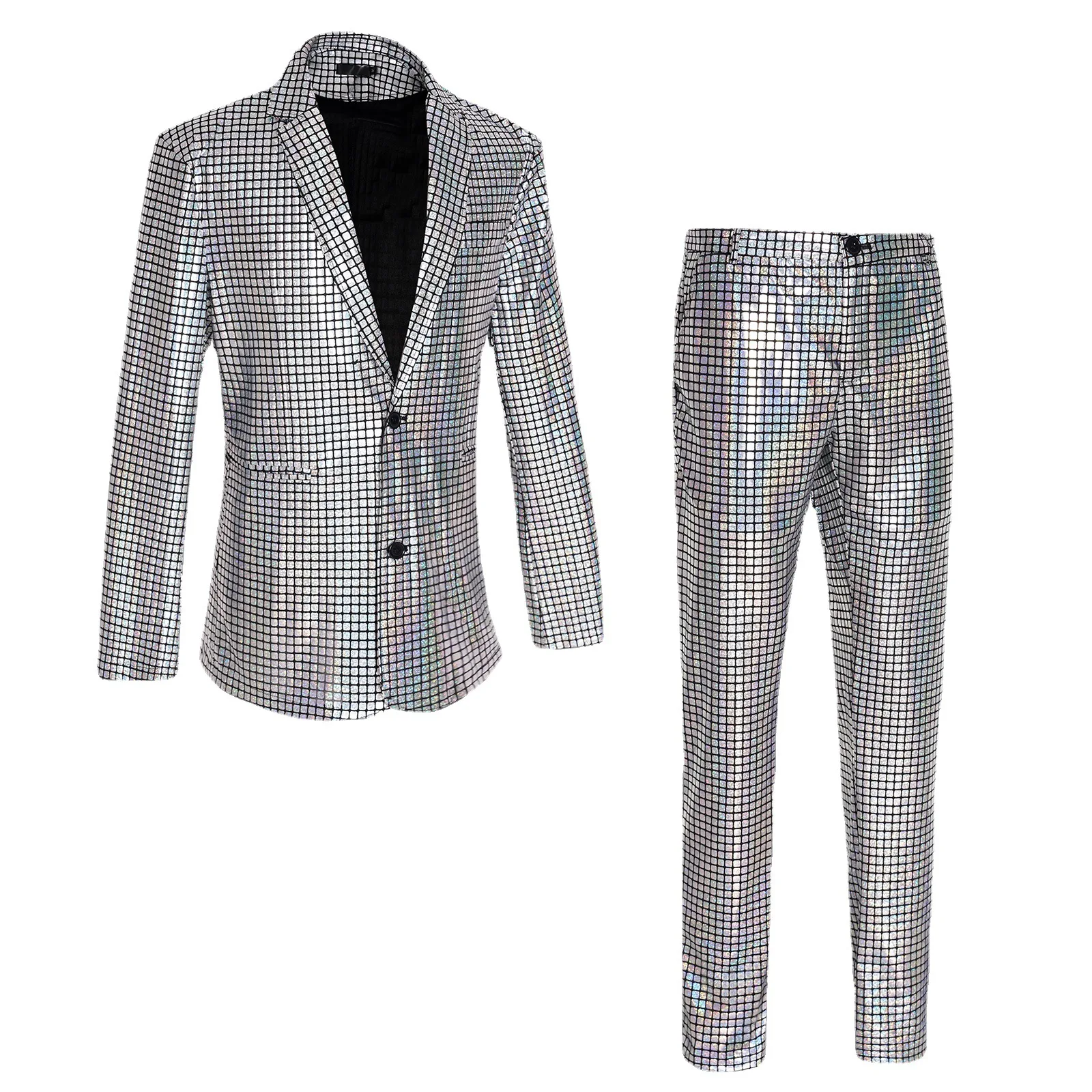 Men's Groom Wedding Blazer Pants Set 2-Piece Stand-Up Collar Sequin Dress Suit for Adults for Singer Host Costume Stage Chorus