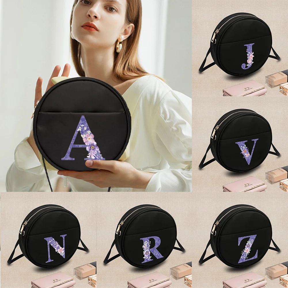 Round Crossbody Bag Female Single Shoulder Pack Multifunctional Commuting Storage Bags Purple Flower Printing Series
