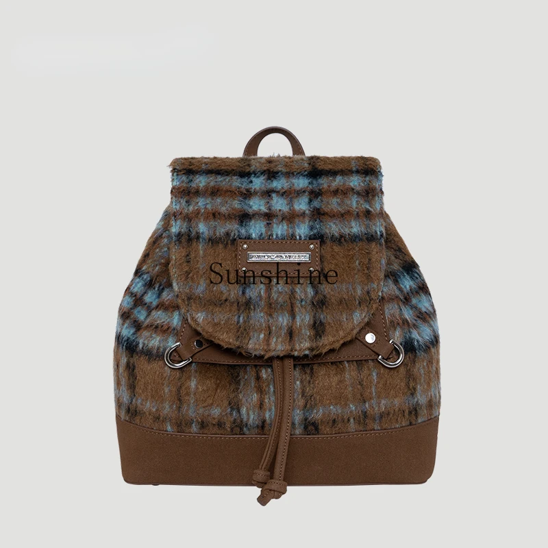 

Woolen plaid backpack retro college design backpack