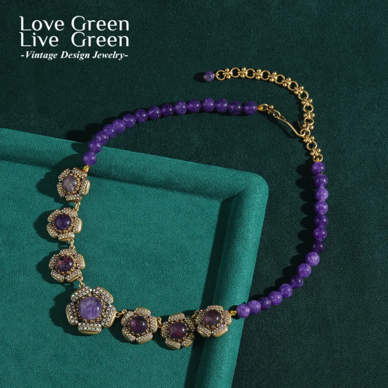 

Vintage Purple Glazed Beaded Necklace Choker Natural Stone For Woman Flower Pendant Luxury Designer Jewelry Accessories 2025