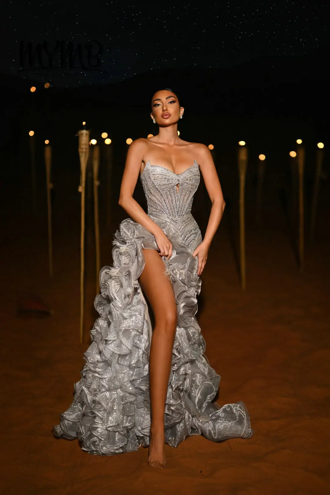 

MYMB Glamorous Silver Beaded Prom Evening Dress With Keyhole Bust Mermaid Silhouette and Dramatic Ruffle Train for Party MB40404