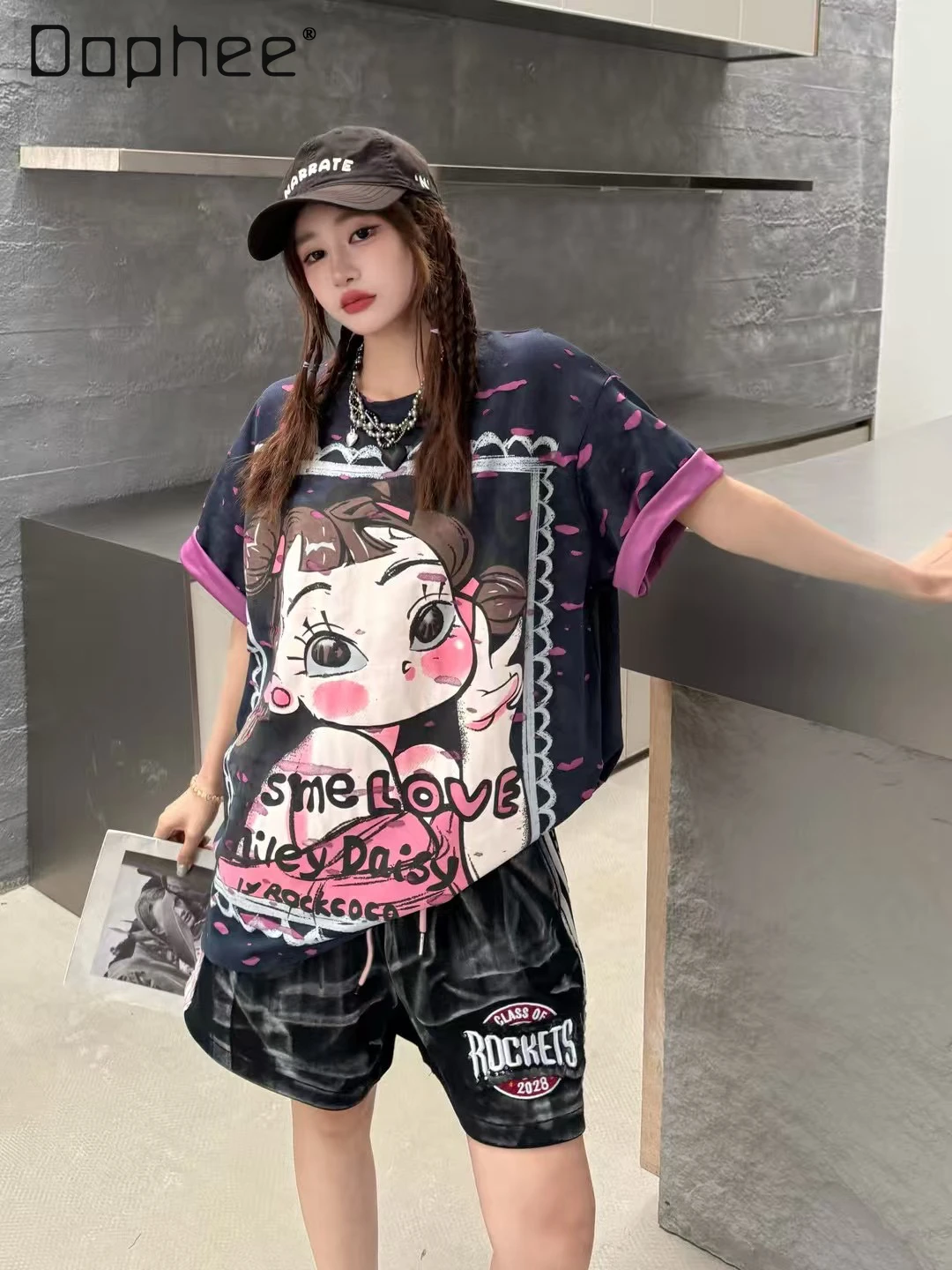 

2025 Summer New Tide Brand Original Loose Cut Design Girls Print Short Sleeve T-shirt Round Neck Retro Loose T Shirt Women