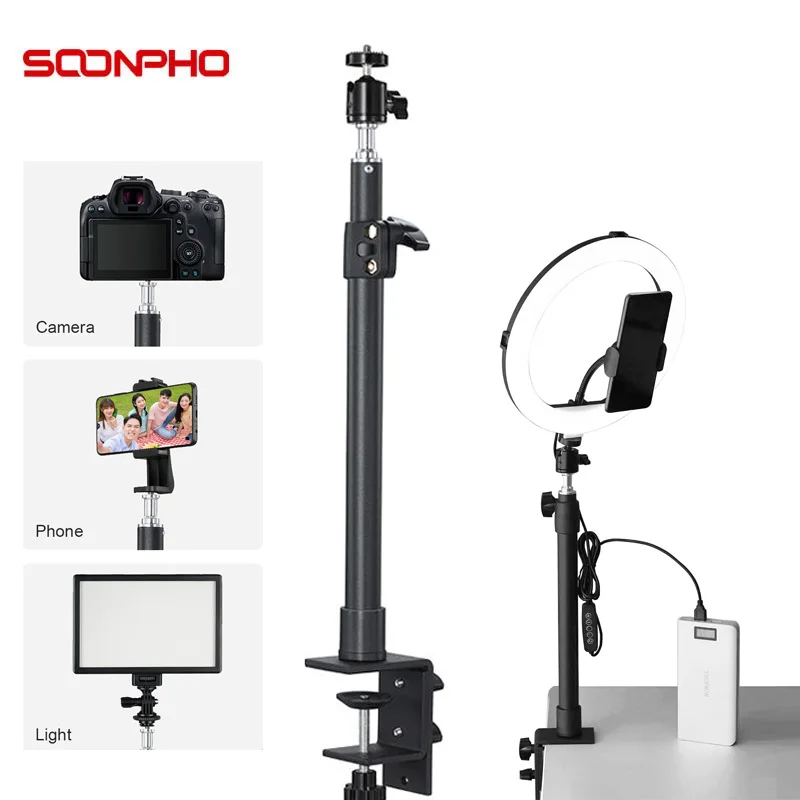 

Soonpho LP09 Tabletop Light Stand Clip Stand with 1/4 Screw for LED Ring Light Adjustable 32-52cm for Live Streaming Photo Video