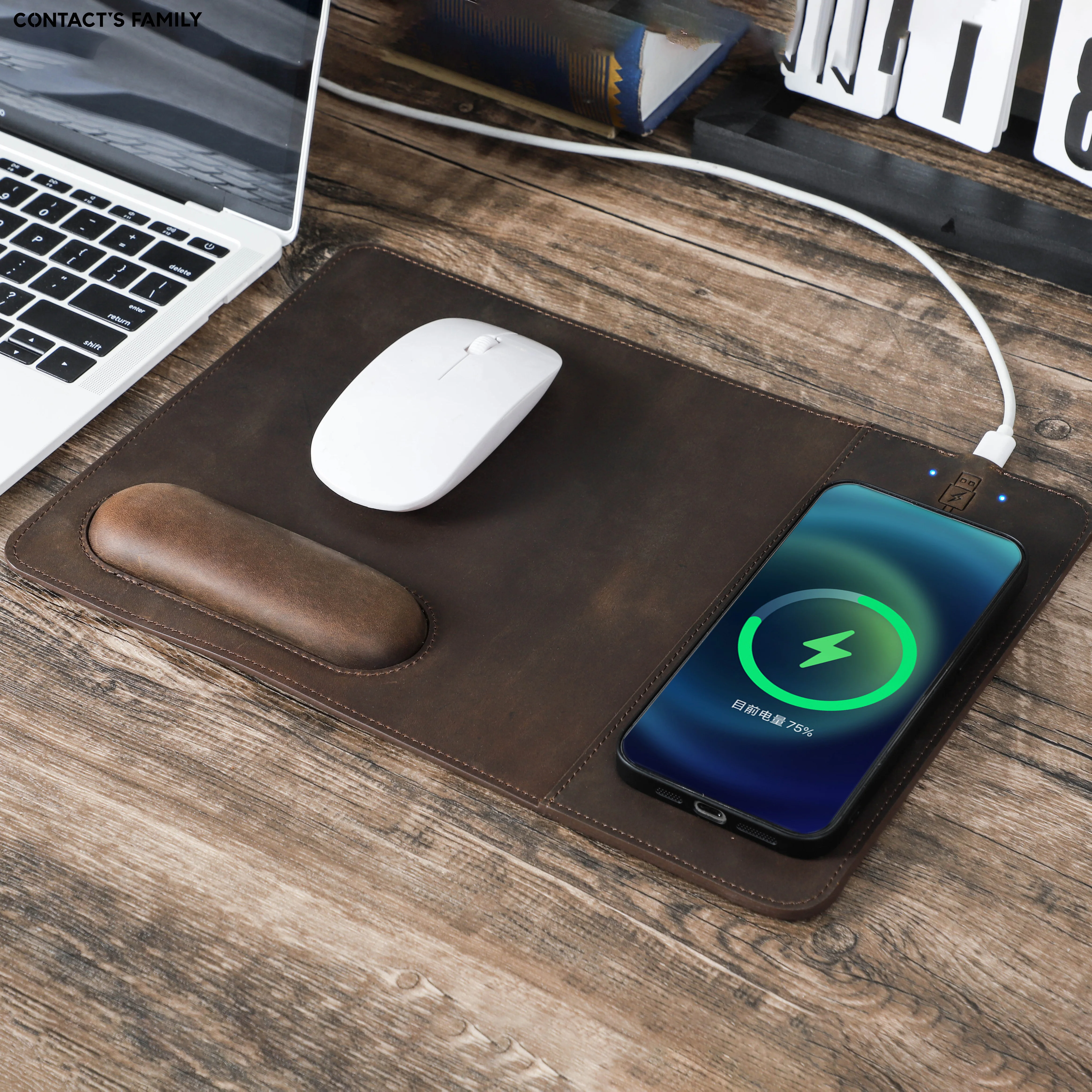 

Handmade Cowhide Nubuck Leather Wireless 15w Fast Charging Phone Waterproof Office Computer Desk Mat Table Keyboard Mousepad Mat