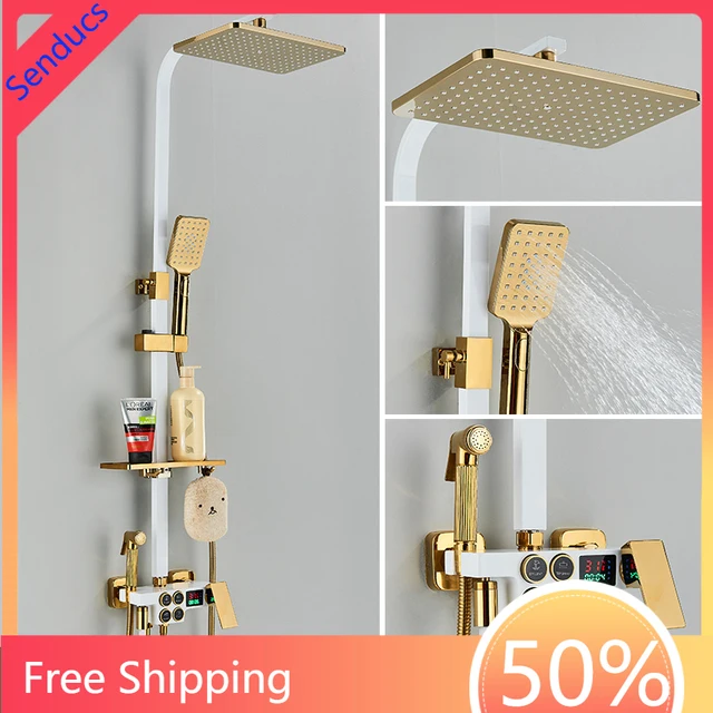 White Gold Digital Bathroom Shower Set 12 Inch Rainfall Shower Head Brass Bathroom Faucet Thermostatic Digital Shower System