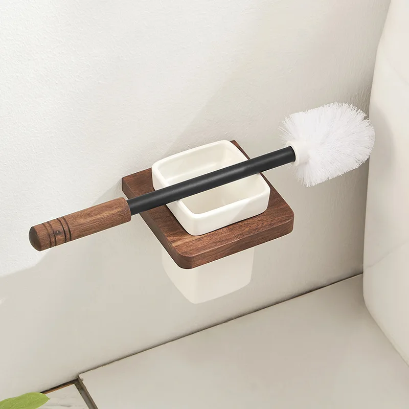 Wall-mounted Toilet Brush Holder ​Ceramic Base Solid Wood Holder Toilet Brush Set Luxury Bathroom Accessories Bath Products