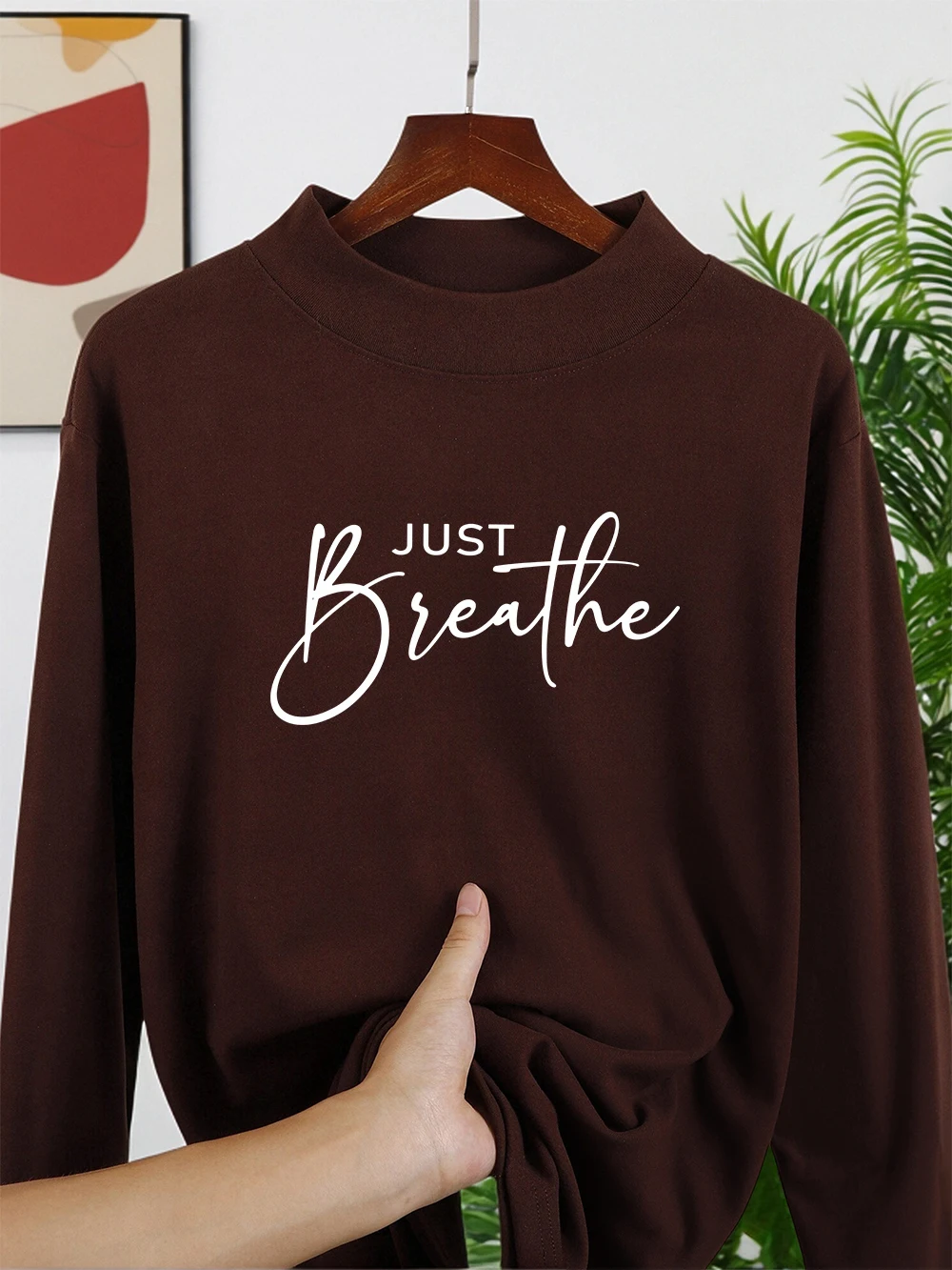 

Just Breathe Letter Prints T-Shirts Women Autumn Long Sleeves Bottoming Shirt Warm Half Turtleneck Slim Fit Tops Basic Clothes