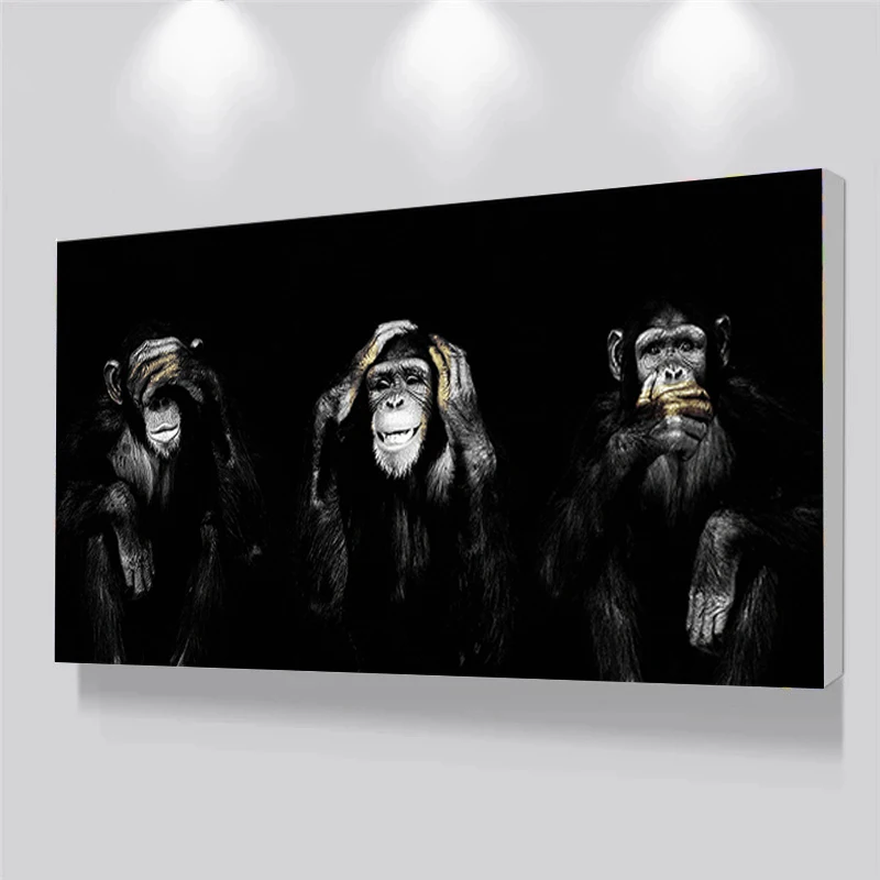 Impression sur toile amusante de trois singes, animaux, ne pas écouter, ne pas parler, ne pas voir, singes, décoration murale pour salon, décoration de la maison